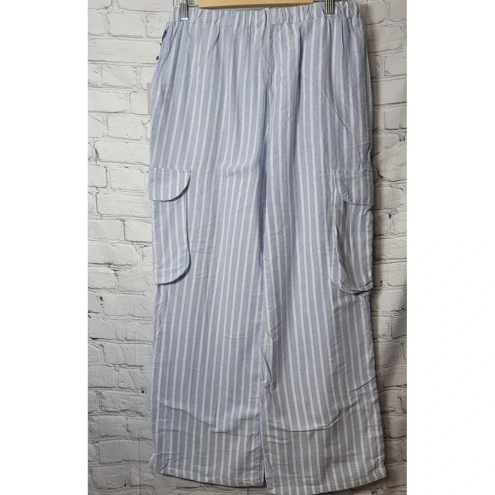 Happily Grey Pajama Pants Womens Small Blue Striped Cargo Wide Leg Cotton Lounge